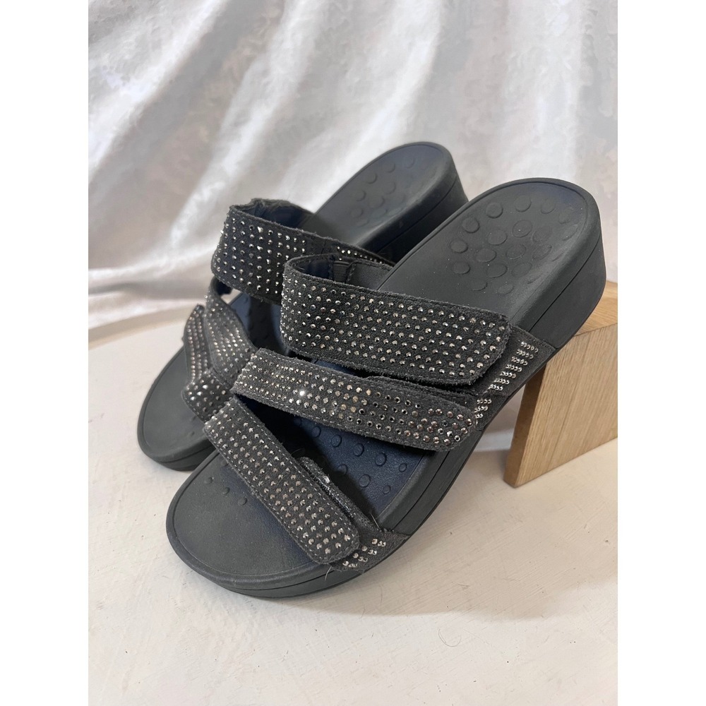Vionic Alexis Black Studded Suede Slide Sandals Womens 7 Wide Orthotic Wedge